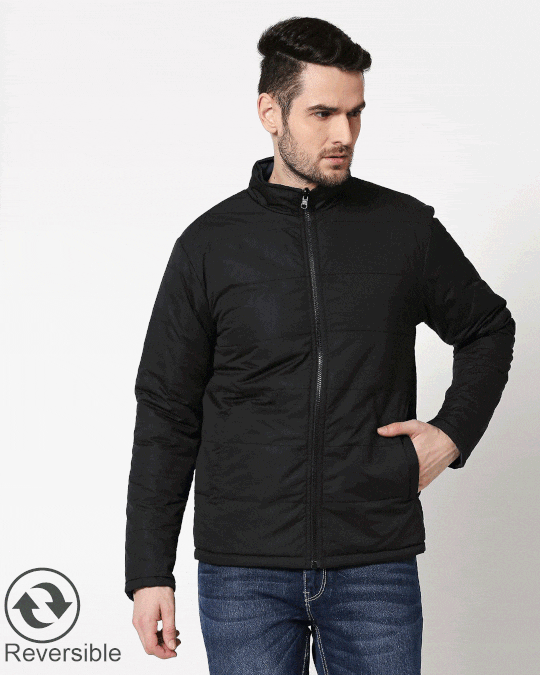

Blue Chill Block Reversible Puffer Jacket Men' Plain Puffer Jacket without Hoodie Bewakoof.com, Blue-black