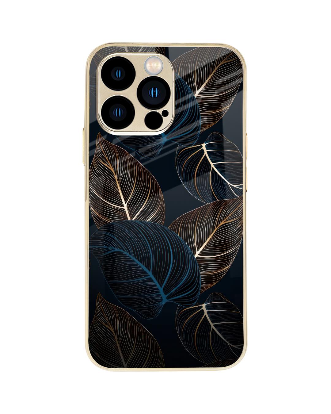 Shop Blue Golden Leaves Metallic Glod Premium Glass Case for Apple iPhone 13 Pro-Back