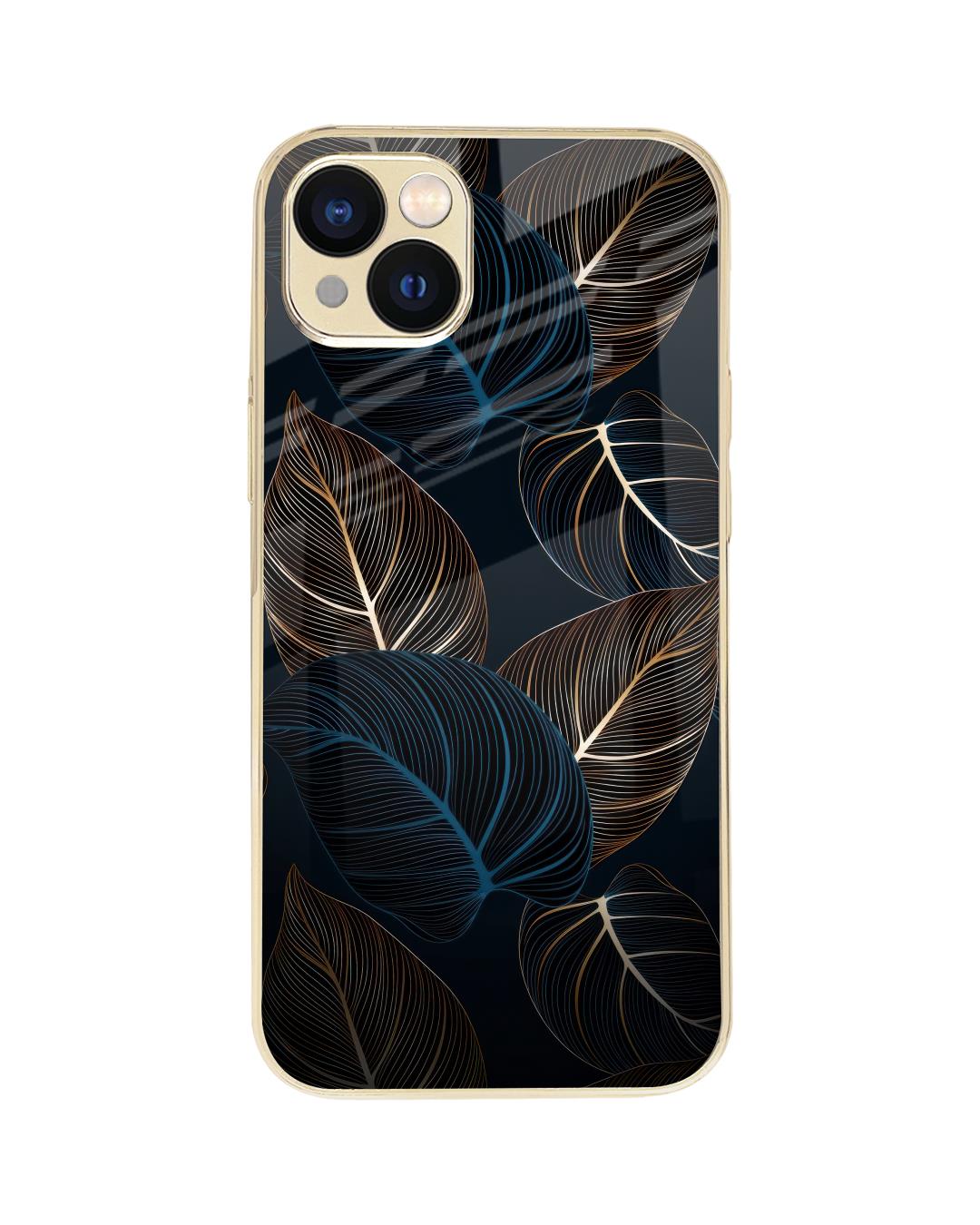 Shop Blue Golden Leaves Metallic Glod Premium Glass Case for Apple iPhone 14 Plus-Back