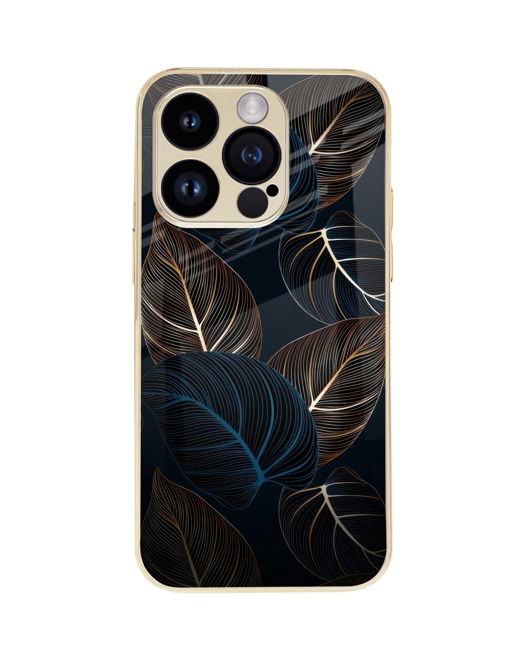 Shop Blue Golden Leaves Metallic Glod Premium Glass Case for Apple iPhone 14 Pro-Back