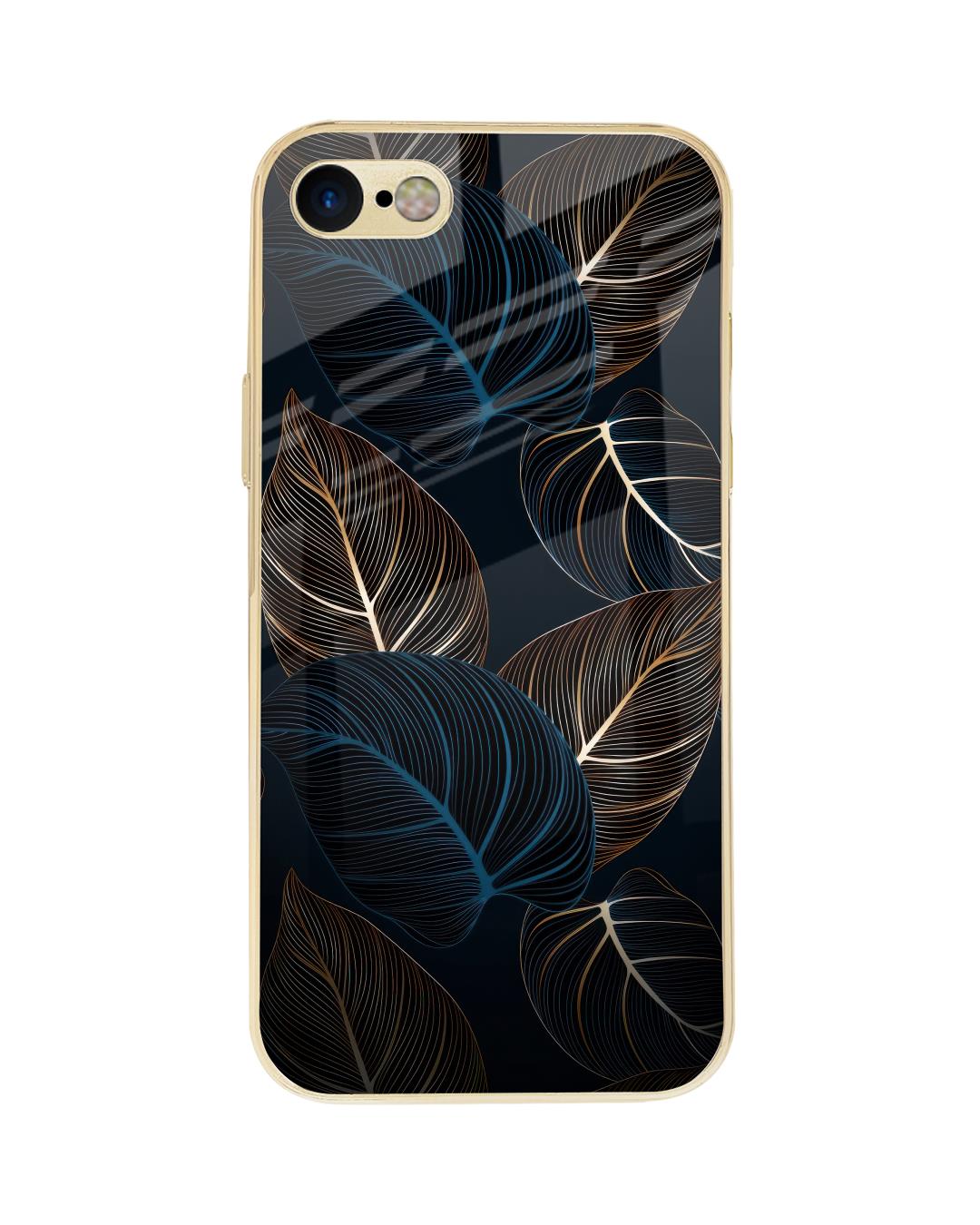 Shop Blue Golden Leaves Metallic Glod Premium Glass Case for Apple iPhone SE 2020-Back