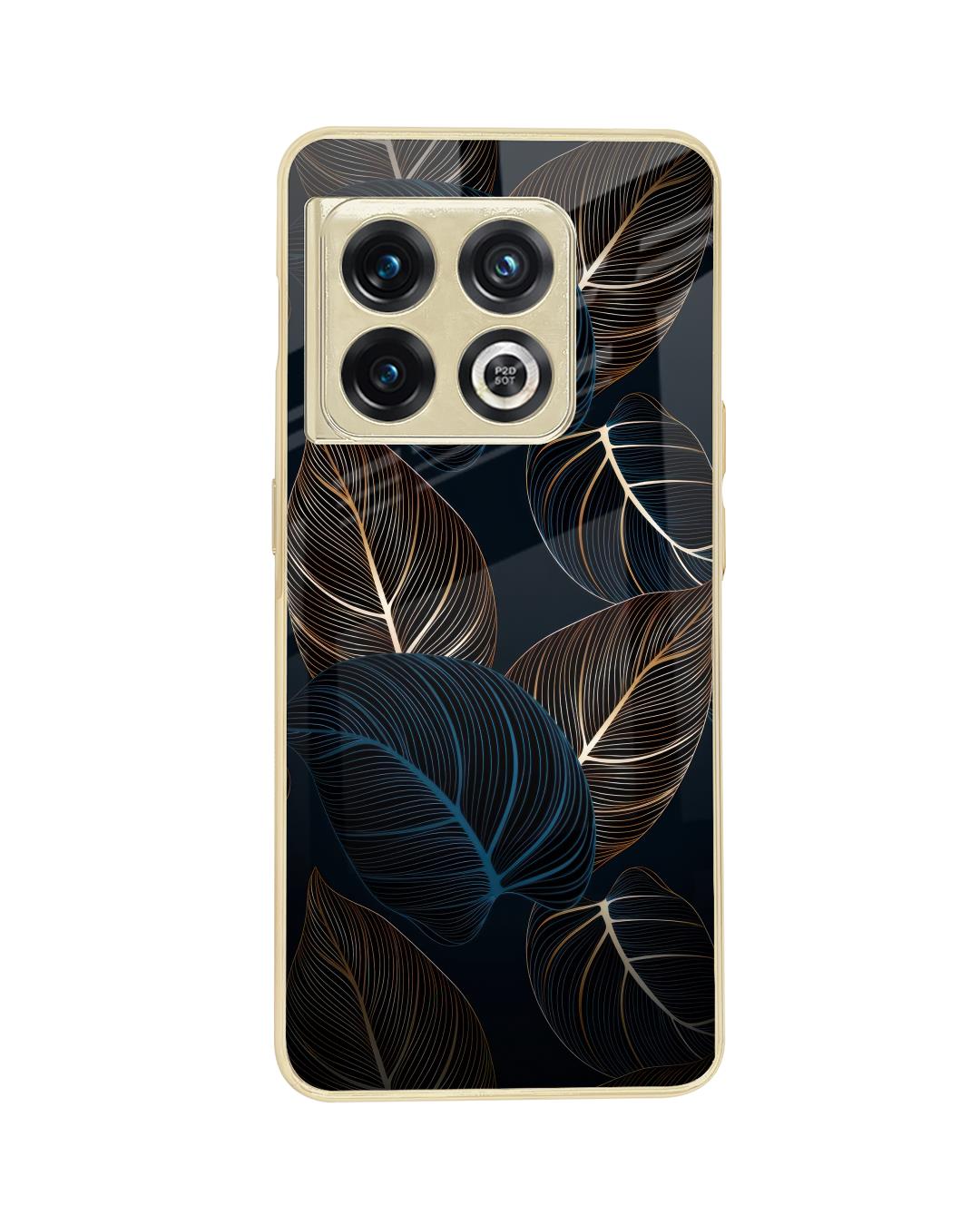 Shop Blue Golden Leaves Metallic Glod Premium Glass Case for OnePlus 10 Pro-Back