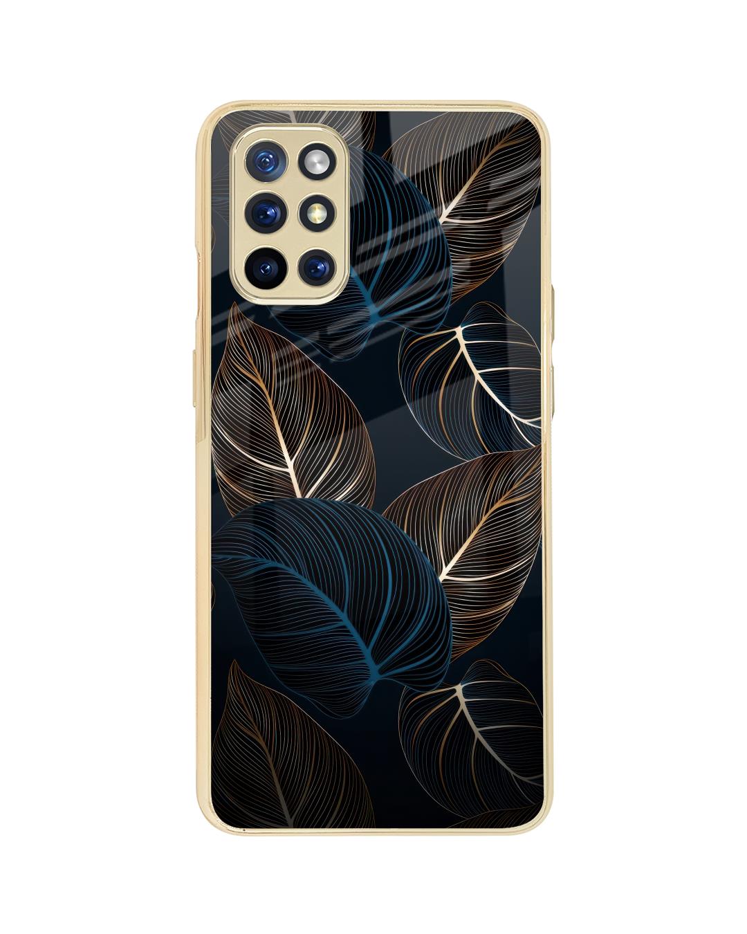 Shop Blue Golden Leaves Metallic Glod Premium Glass Case for OnePlus 8T-Back
