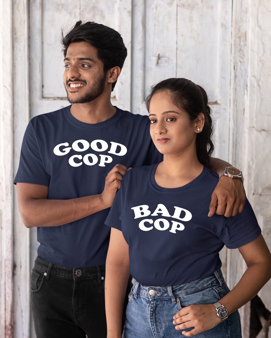 Shop Pack of 2 Unisex Blue Good Cop Bad Cop Typography Couple T-shirt-Back