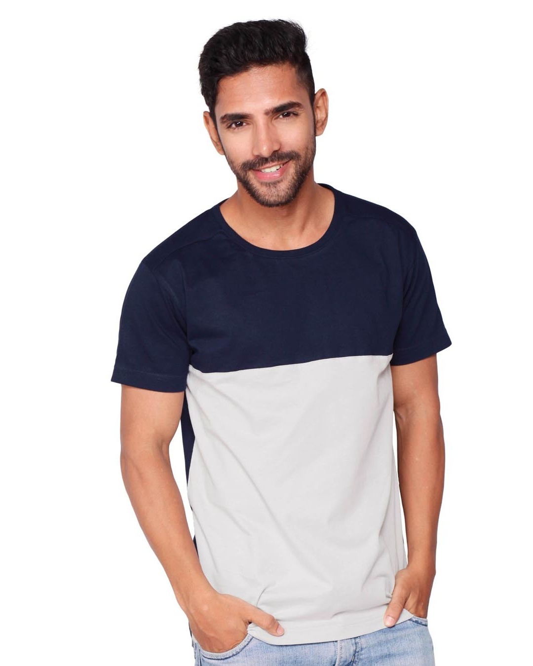 Blue/Gray Plain Panel T-Shirts for Men Online at Bewakoof.com