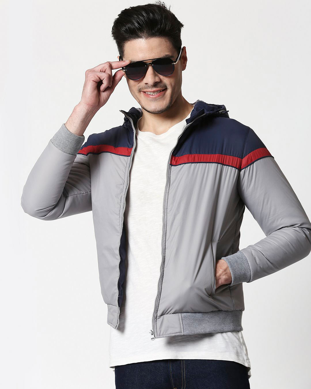 Buy Men's Blue & Grey Color Block Puffer Jacket Online at Bewakoof