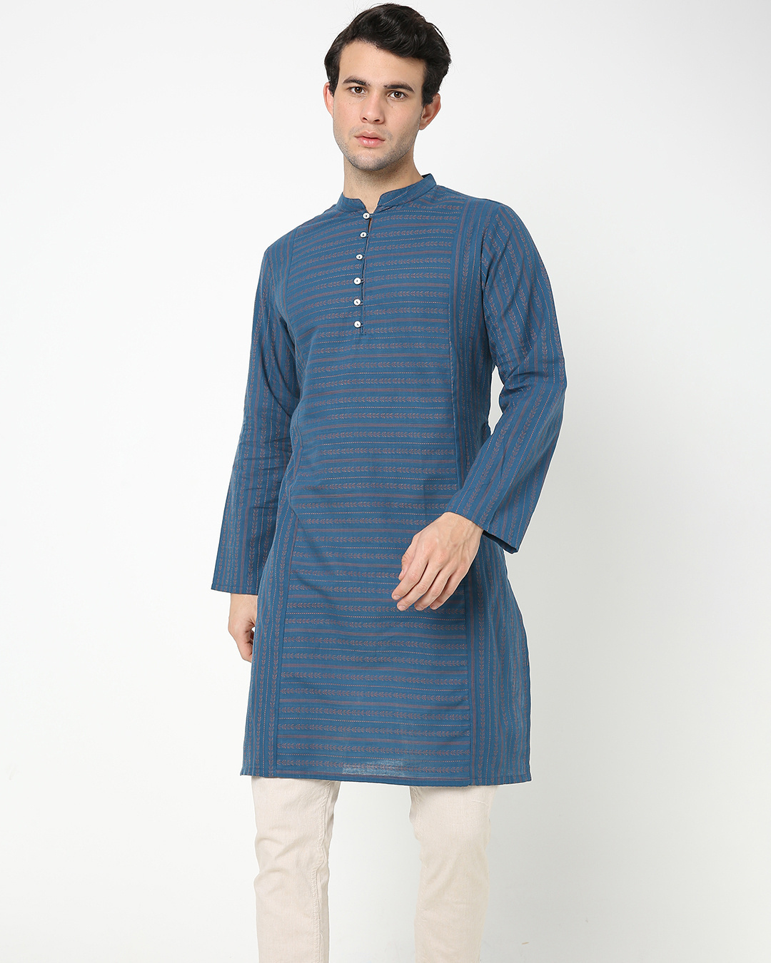 Shop Men's Blue Mandarin Collar Straight Relaxed Fit Long Kurta-Back