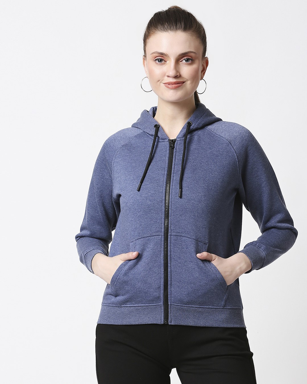 Shop Blue Melange Zipper Hoodie-Back