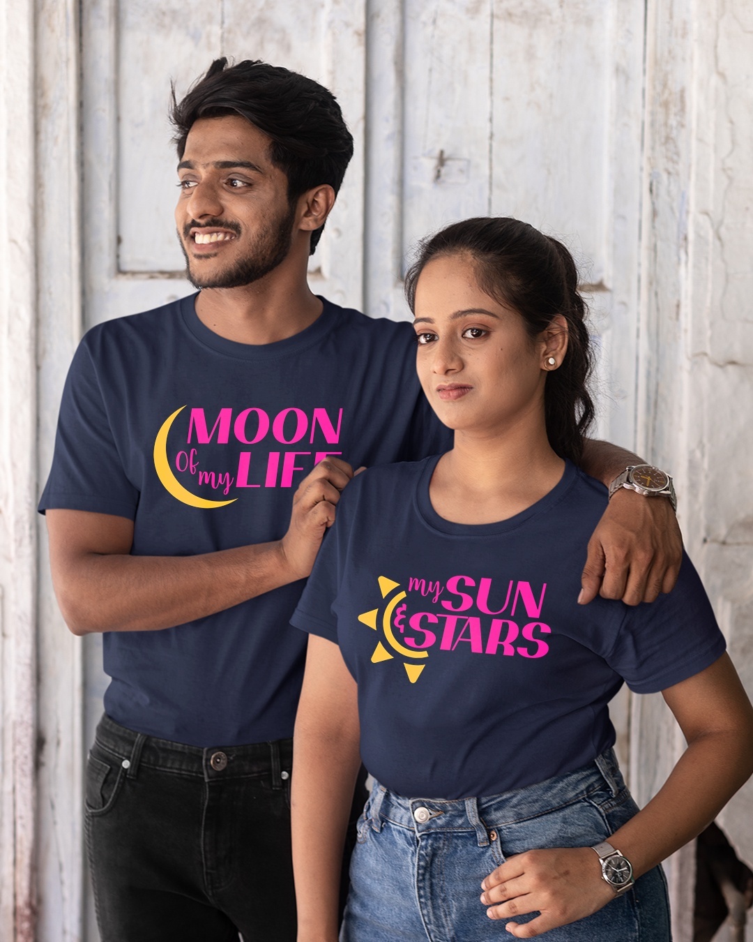 Shop Pack of 2 Unisex Blue Moon & Sun Typography Couple T-shirt-Back