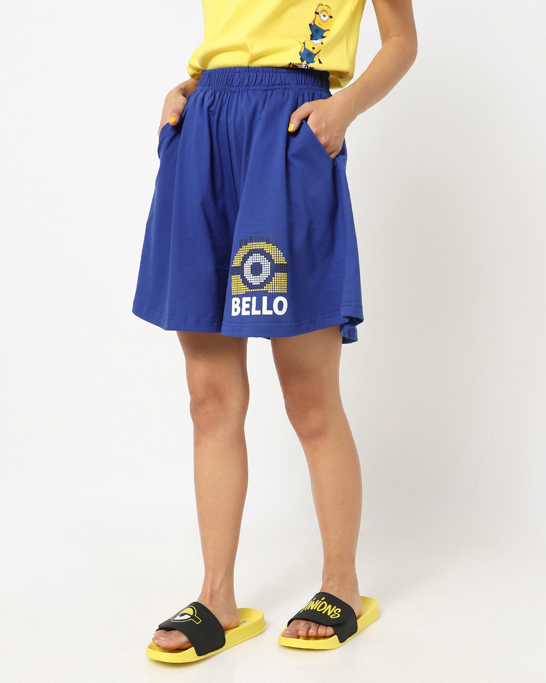 Shop Women's Blue Pixelated Bello Minion Graphic Printed Flared Shorts-Back