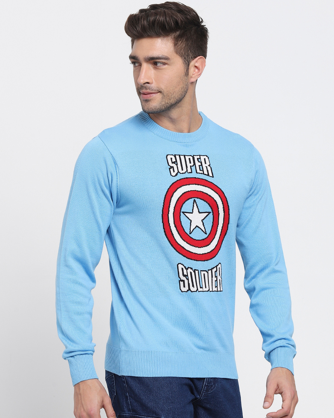 Shop Men's Blue Super Slodier Typography Flat Knit Sweater-Back