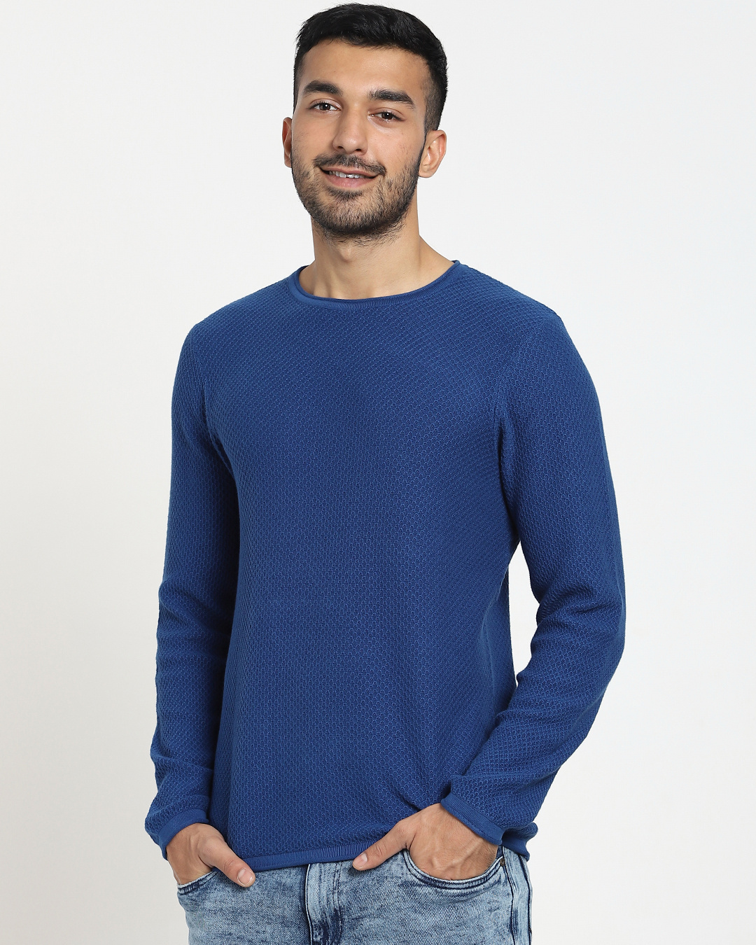Buy Men's Blue Quartz Flat Knit Sweater Online at Bewakoof