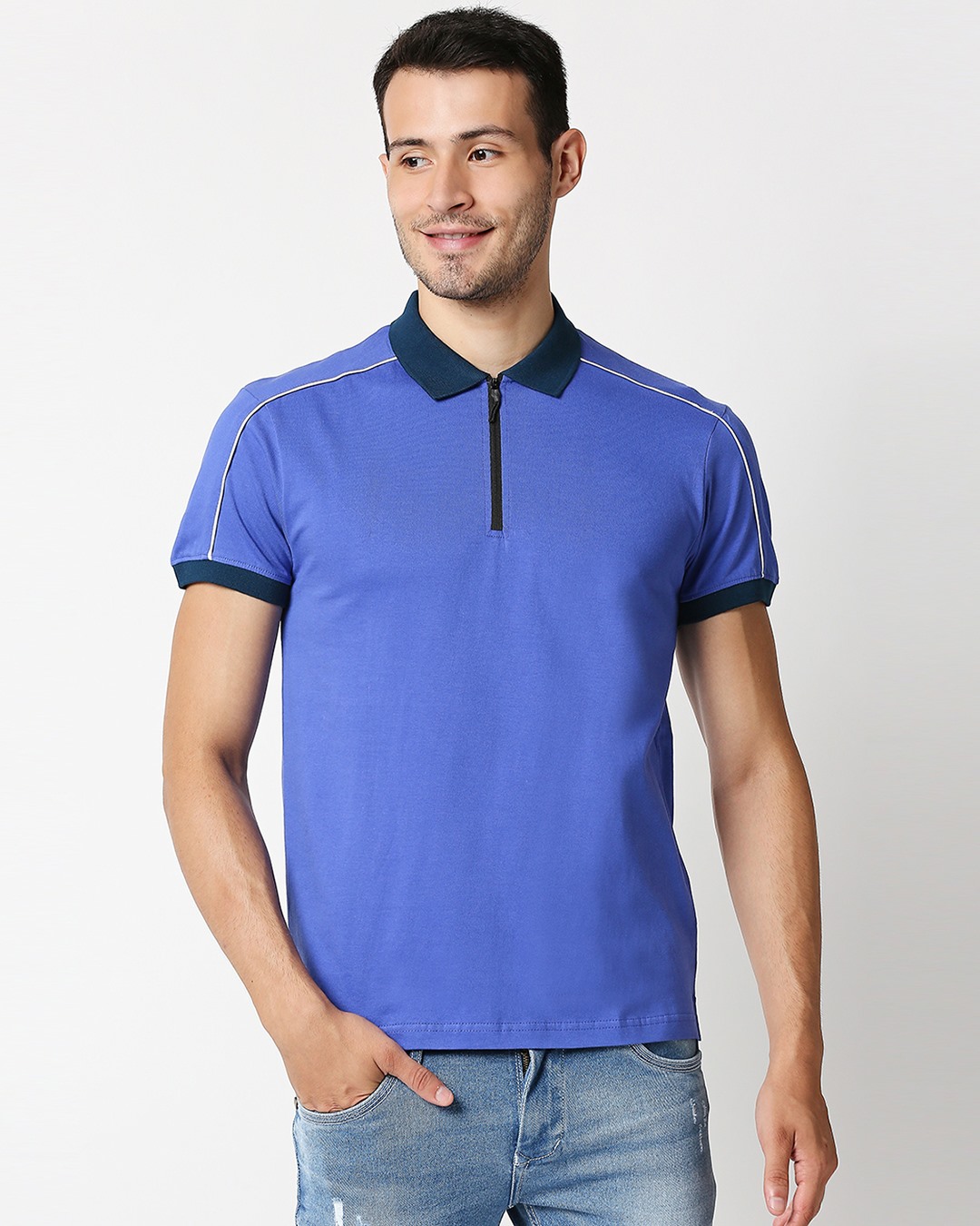 Shop Blue Shoulder Pipping Zipper T-Shirt-Back