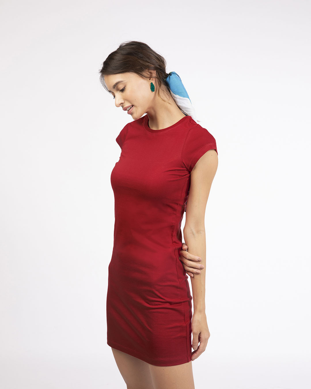 Shop Bold Red Cap Sleeve Plain T-Shirt Dress-Back