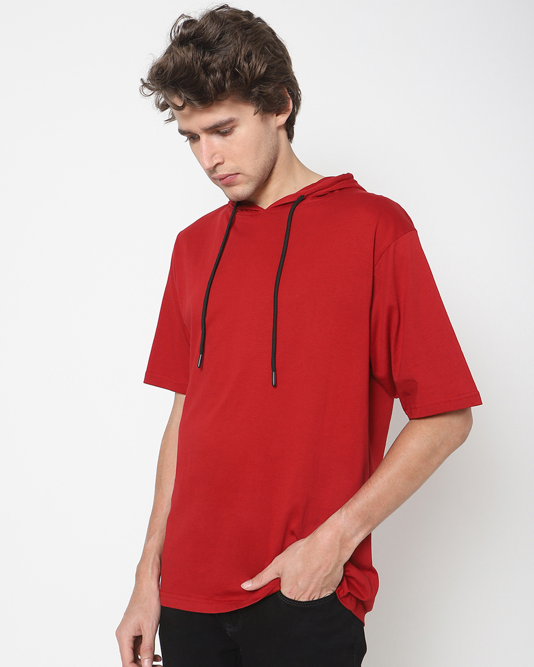 Shop Bold Red Half Sleeve Hoodie T-shirt-Back