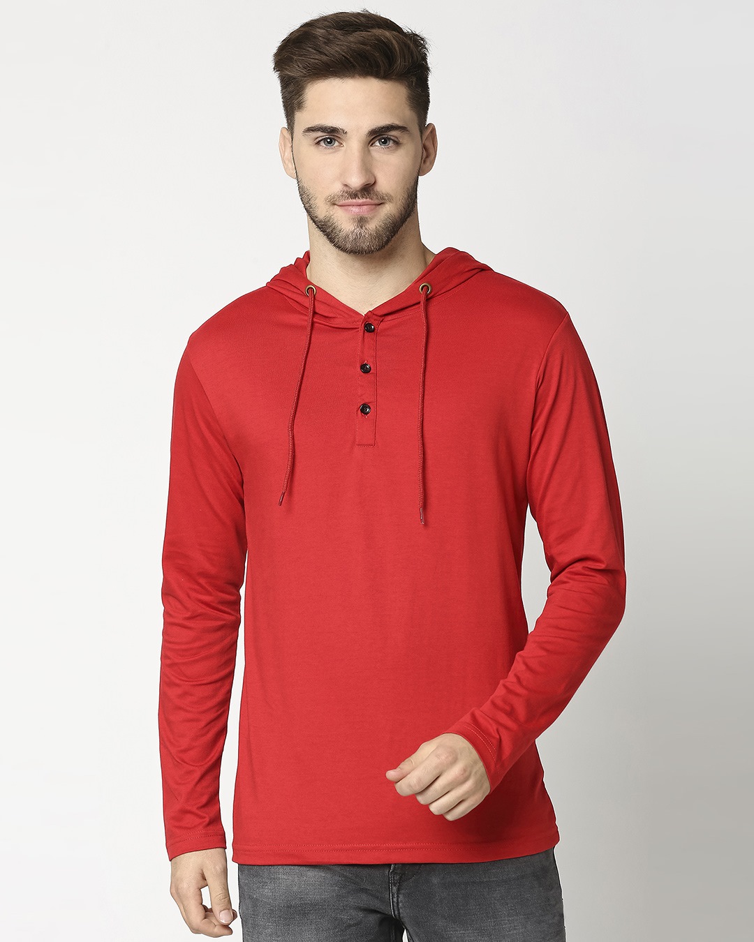 Shop Bold Red Henley Hoodie Full Sleeve T-Shirt-Back