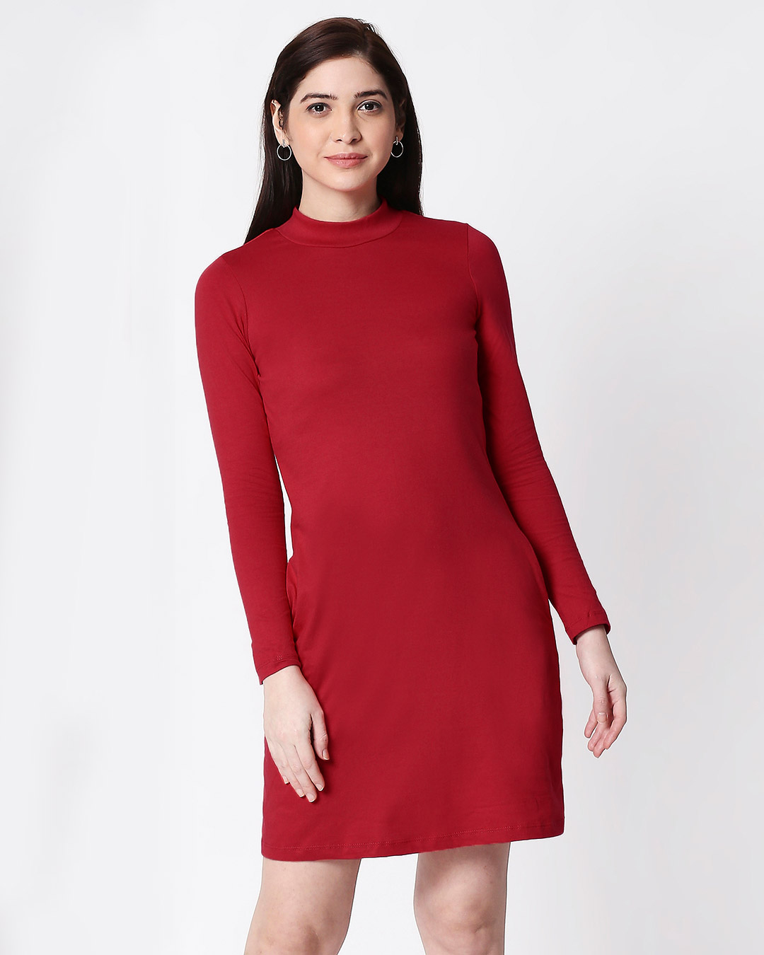 

Bold Red High Neck Pocket Dress Women' Plain New High Neck Pocket Dress Bewakoof.com