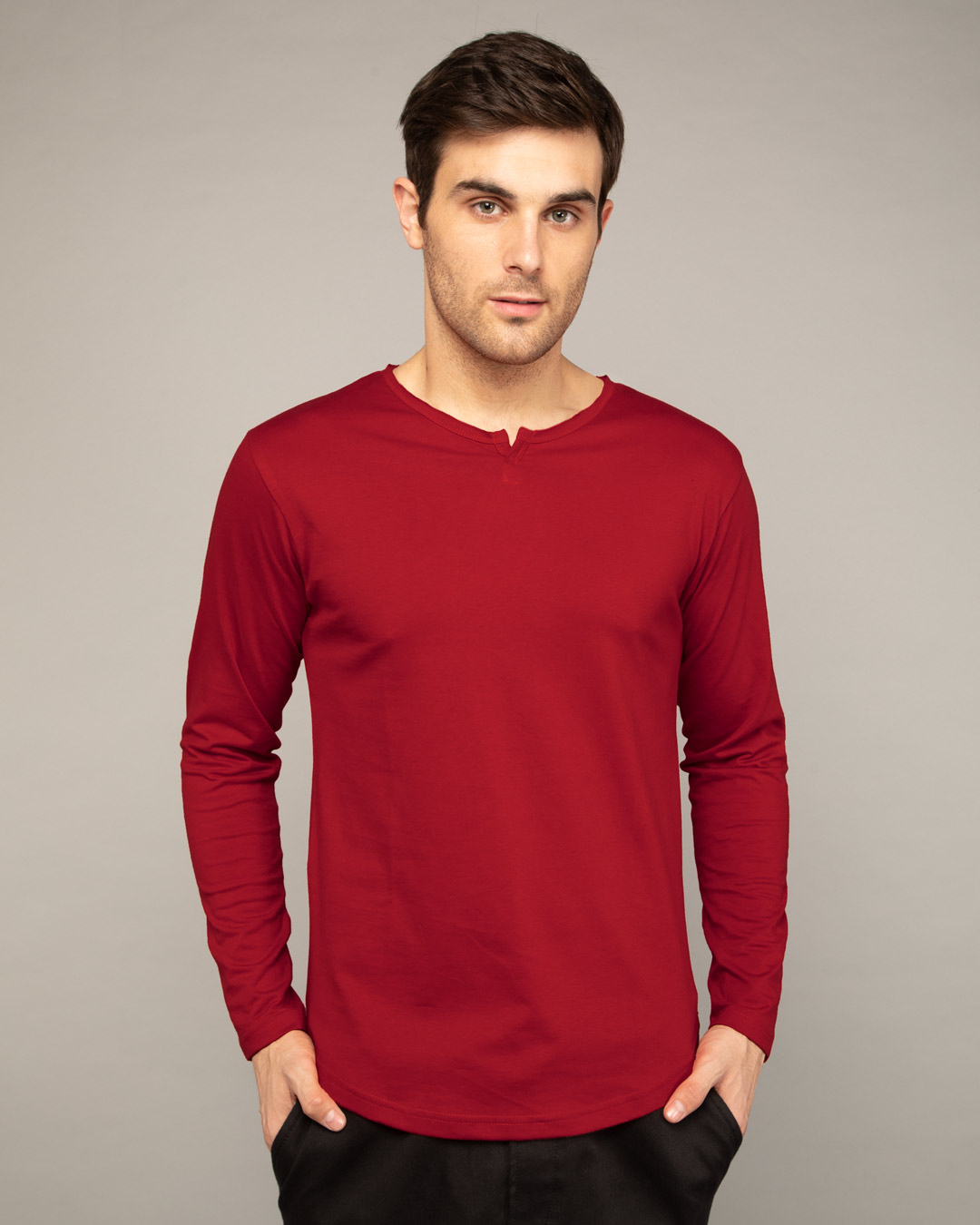 Buy Bold Red Slit Neck Full Sleeve Henley T-shirt Online at Bewakoof