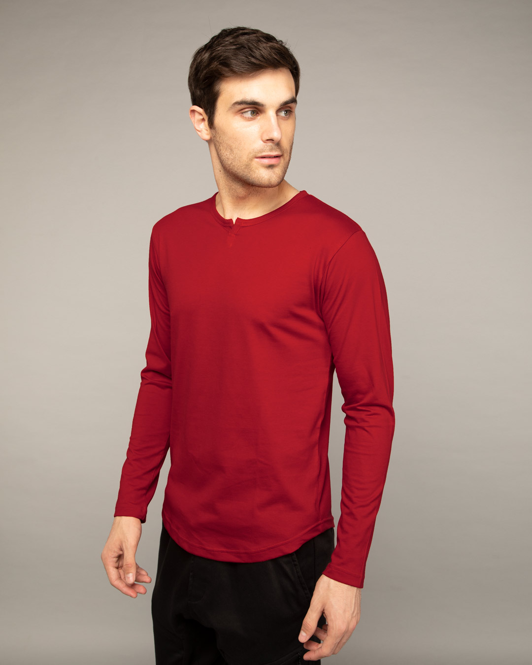 Shop Bold Red Slit Neck Full Sleeve Henley T-shirt-Back