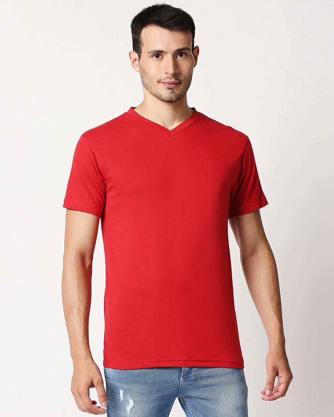 Shop Bold Red V Neck Half Sleeve T-Shirt-Back