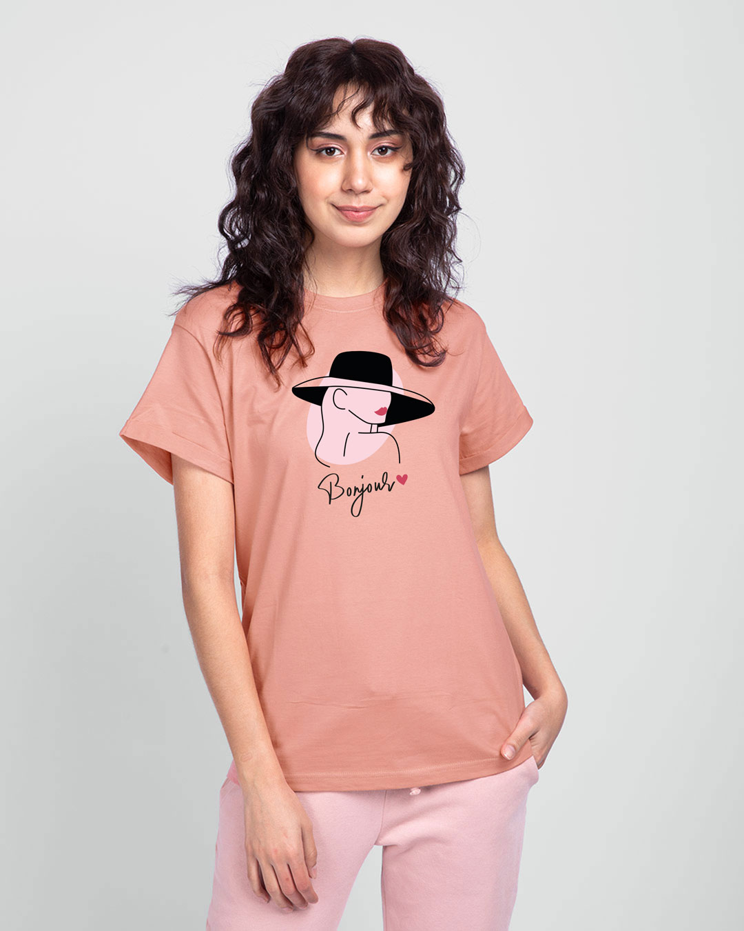 

Bonjour Heart Boyfriend T-Shirts Misty Pink Women' Printed Boyfriend T-Shirts Bewakoof.com