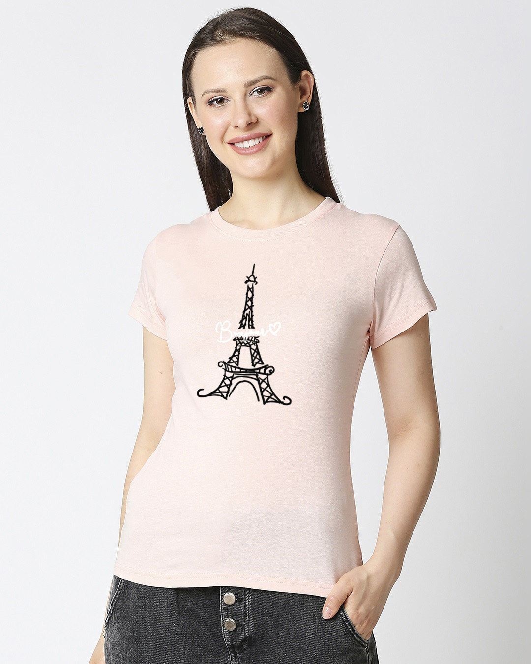 Shop Bonjour Paris Half Sleeve Printed Pink T-Shirt-Back