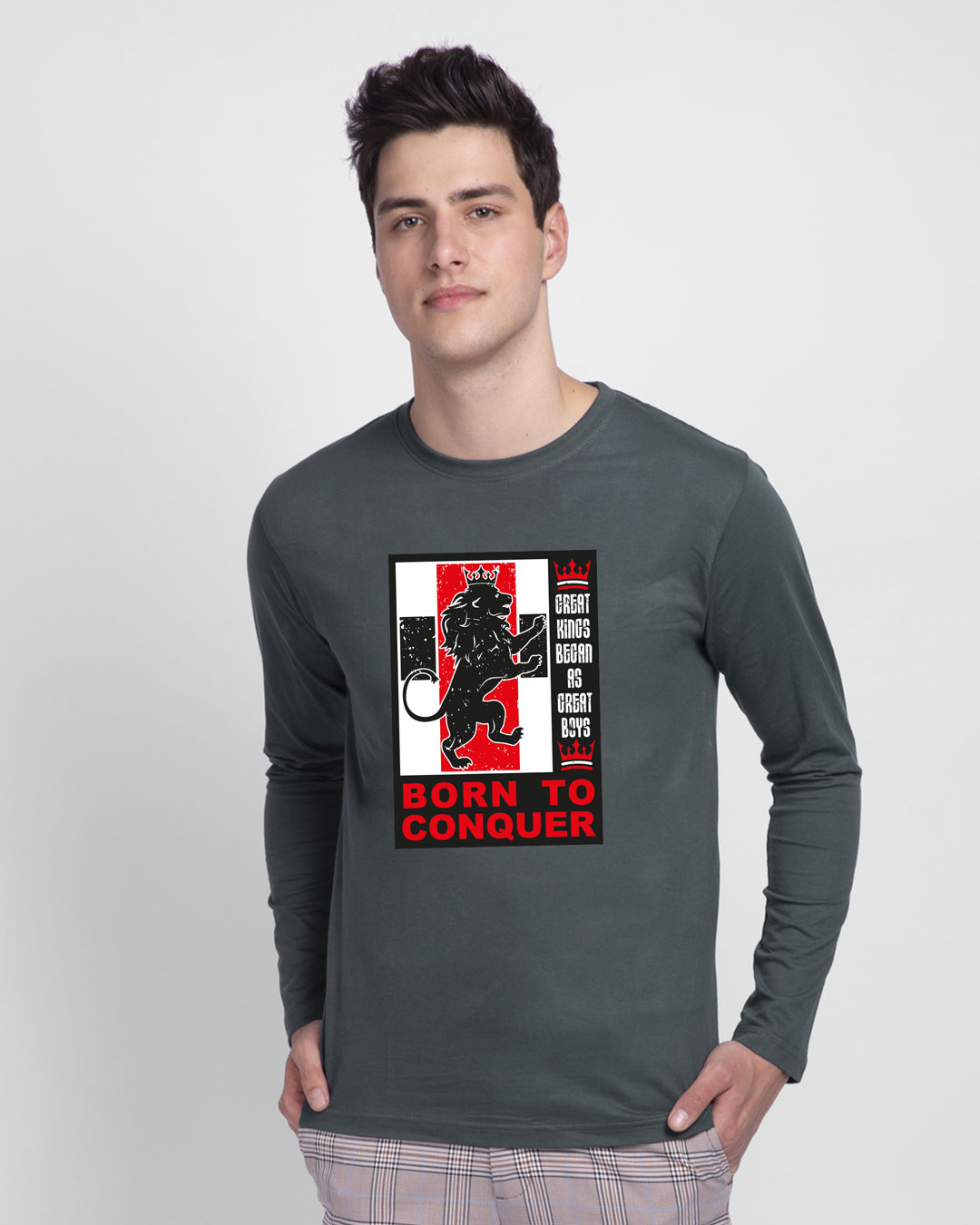 Shop Born To Conquer Full Sleeve T-Shirt Nimbus Grey-Back