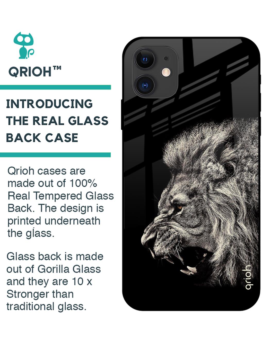 Shop Black Brave Lion Iphone 12 Premium Glass Case (Gorilla Glass & Shockproof Anti-Slip Silicone)-Back