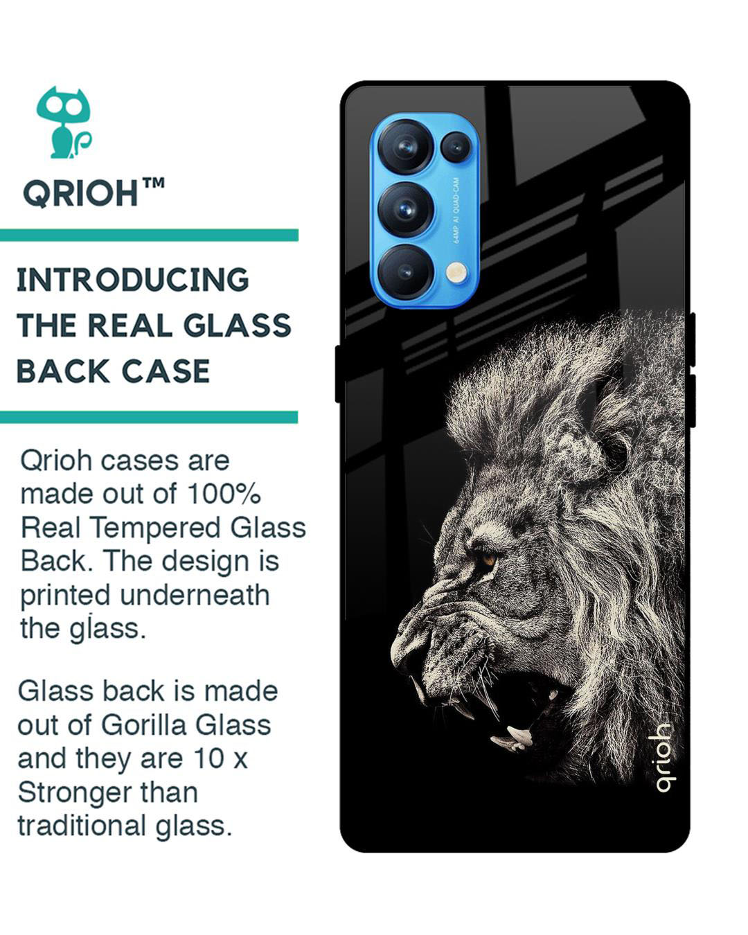 Shop Brave Lion Printed Premium Glass Cover for Oppo Reno 5 Pro (Shock Proof, Lightweight)-Back