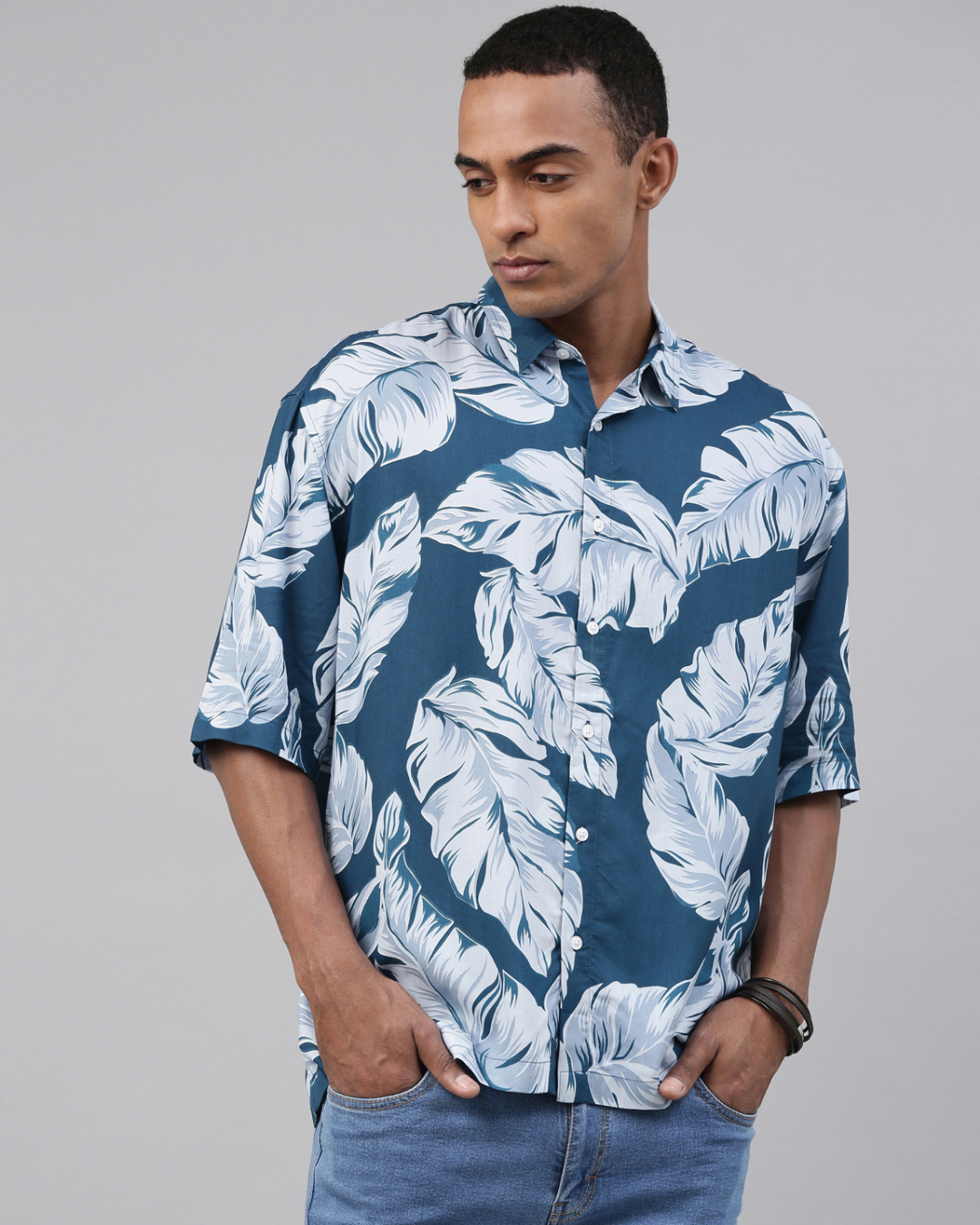 Buy Breakbounce Men's Blue Floral Printed Boxy Fit Shirt for Men Blue