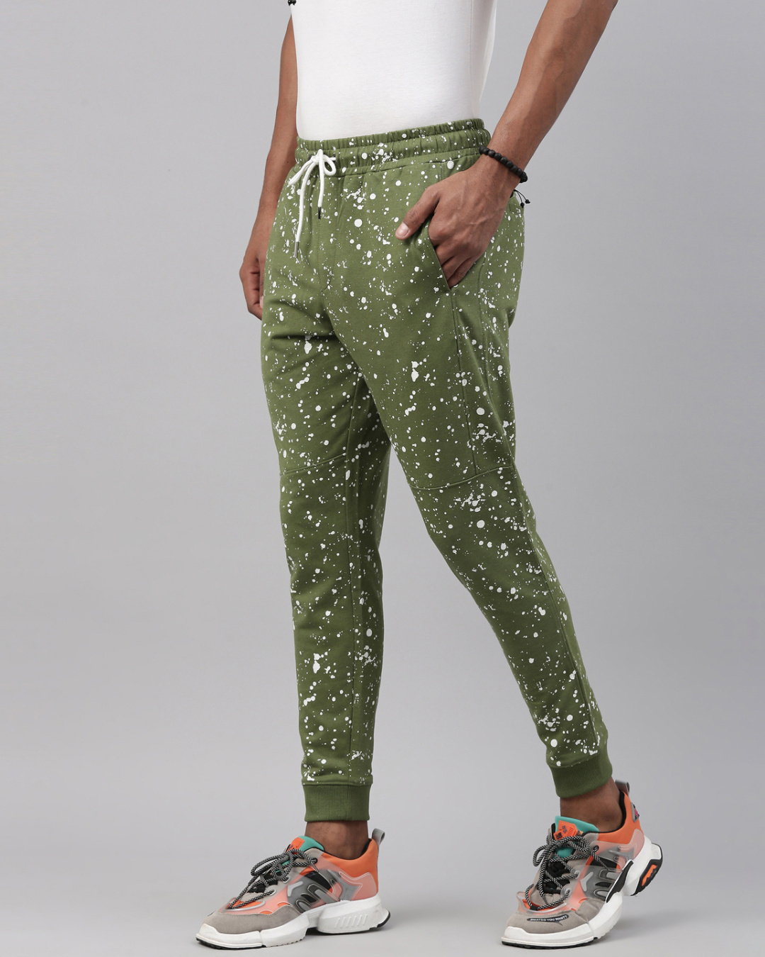 Shop Men's Green  Splatter Printed Knitted Jogger-Back