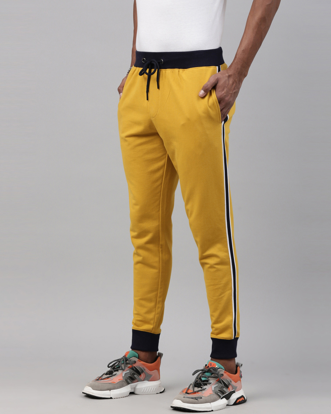 Shop Men's Yellow  Knitted Jogger With Side Tape-Back