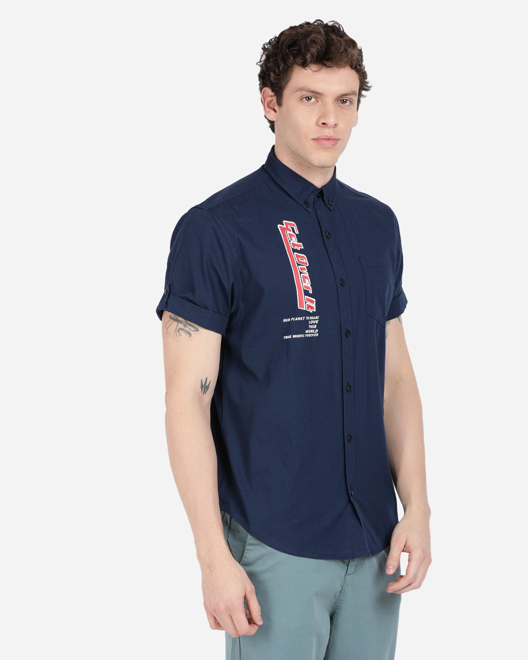 Shop Men's Blue Printed Slim Fit Half Sleeve Shirt-Back