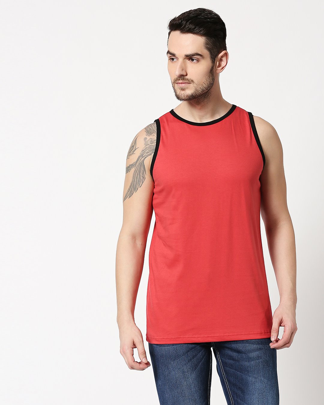 Shop Brick Red Contrast Binding Round Neck Vest-Back