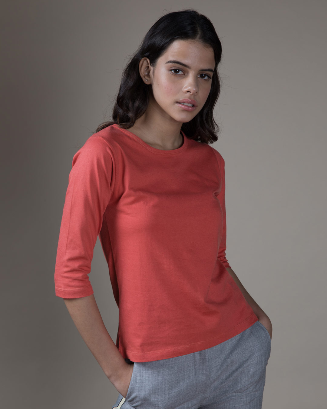 Shop Brick Red Round Neck 3/4th Sleeve T-Shirt-Back