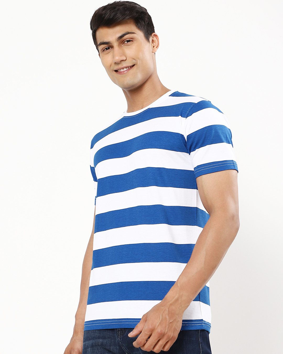 Shop Men's White and Blue Stripe T-shirt-Back