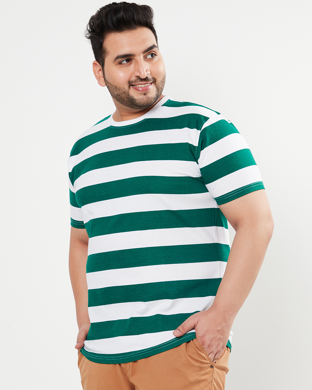 Shop Men's Bright White & Ultramarine Green Stripe Plus Size T-shirt-Back