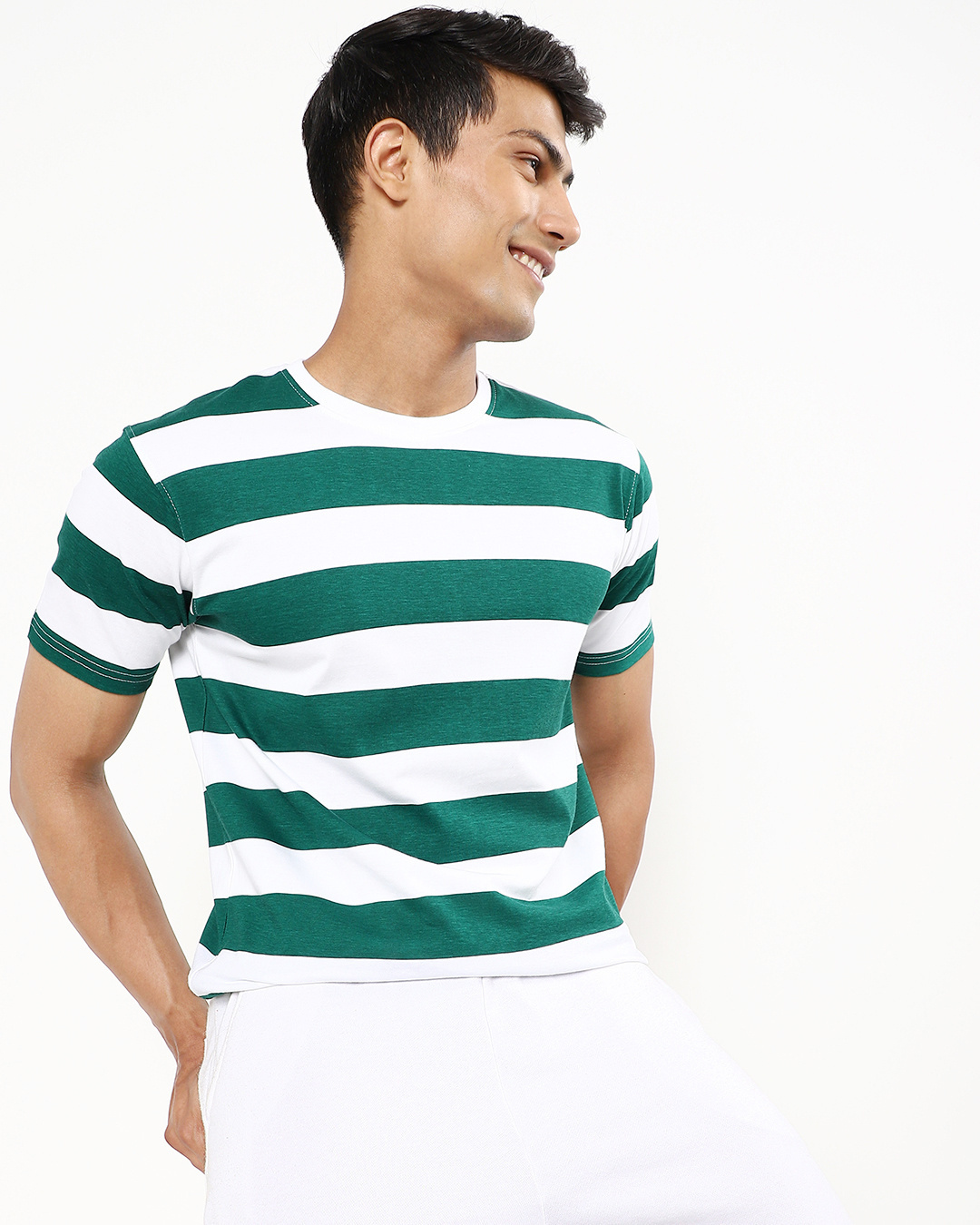 Buy Men's White and Green Stripe T-shirt Online at Bewakoof