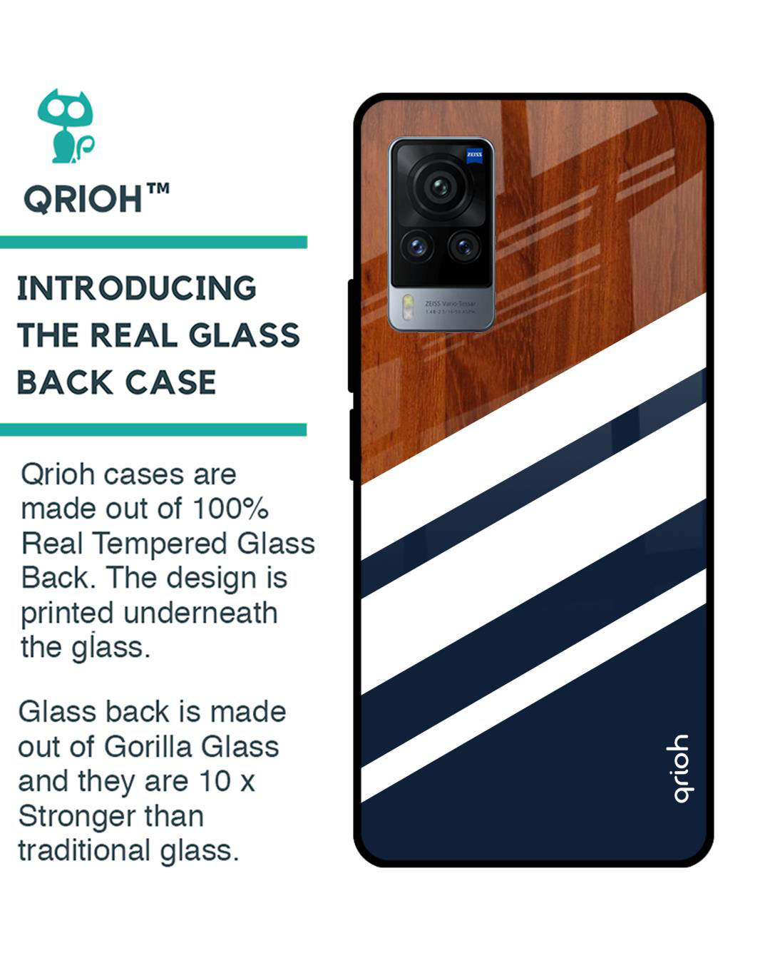 Shop Bold Stripes Printed Premium Glass Cover for Vivo X60 Pro (Shock Proof, Lightweight)-Back