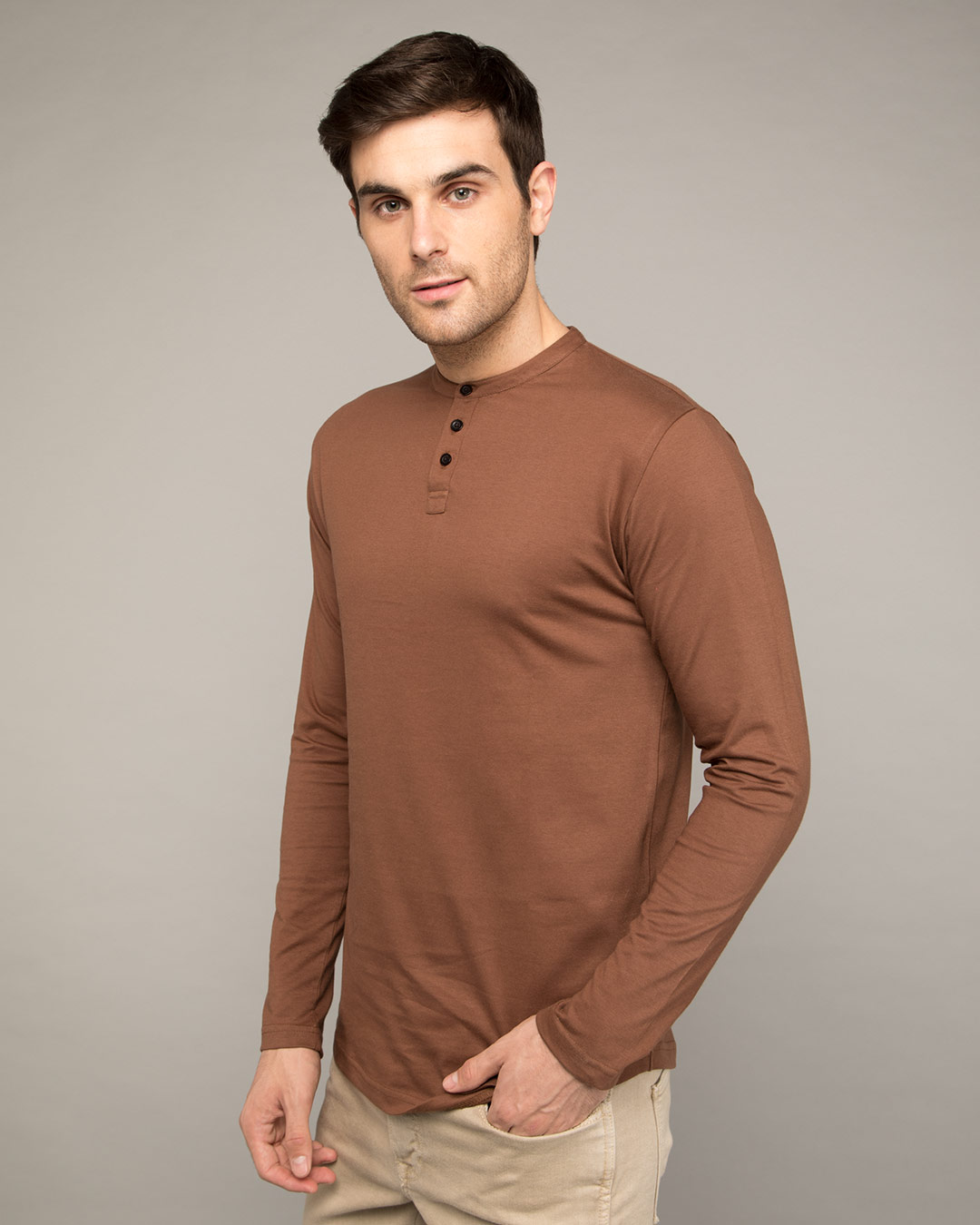 Shop Brown Full Sleeve Henley T-Shirt-Back