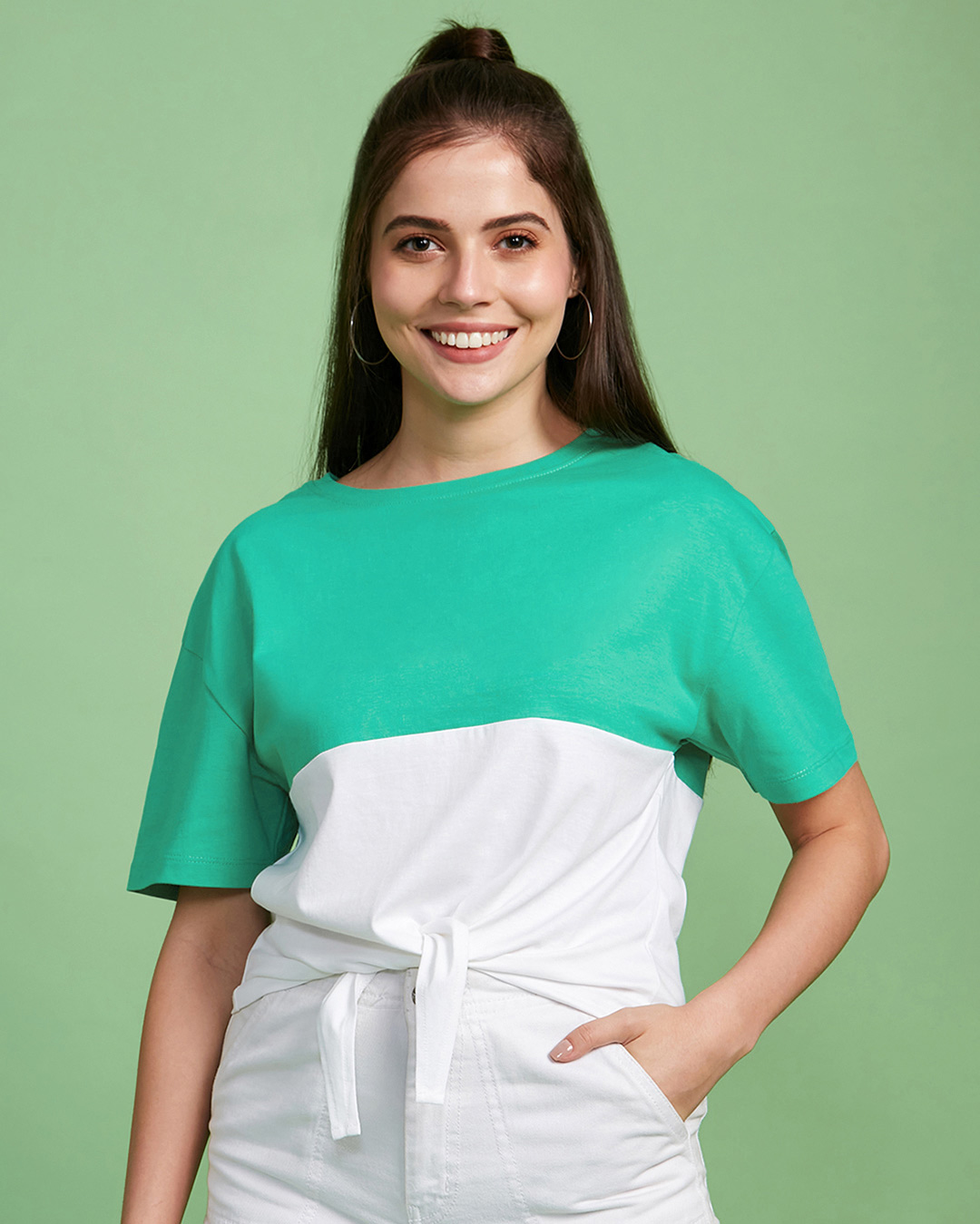 Shop Women's Green & White Color Block T-shirt-Back