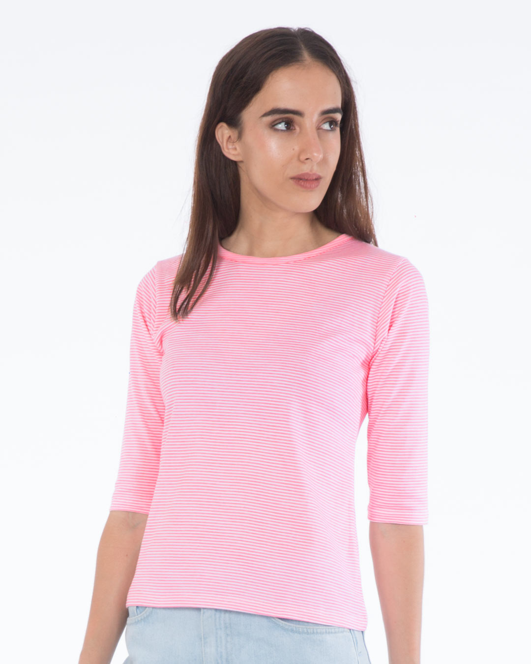 Shop Bubblegum Pink Stripes Round Neck 3/4th Sleeve T-Shirt-Back