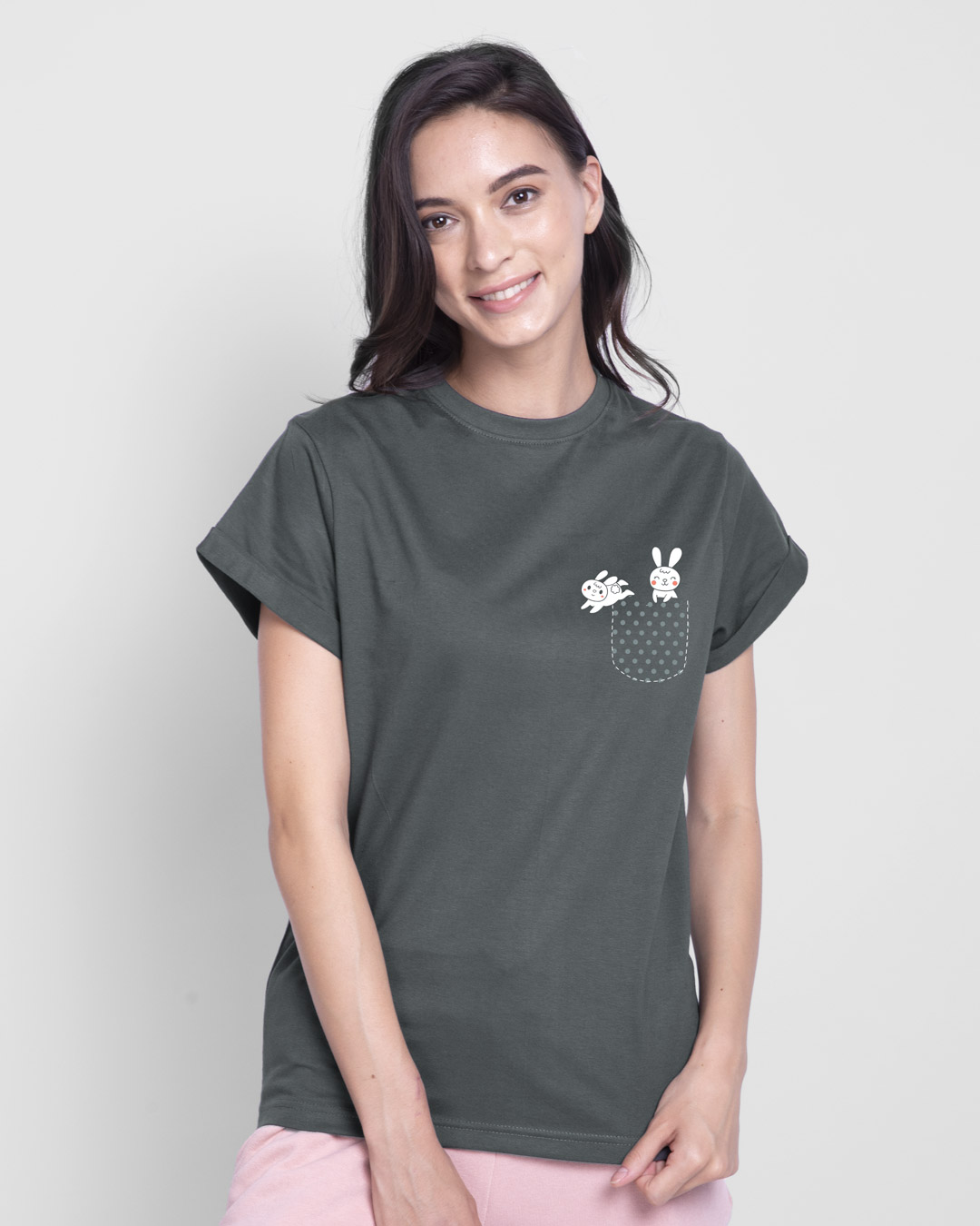 Shop Women's Grey Bunny Rabbit Pocket Printed Boyfriend T-shirt-Back