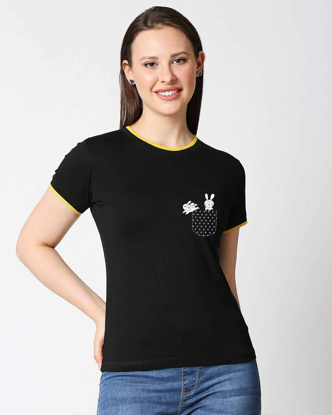 Shop Bunny Rabbit Pocket Half Sleeve Printed Rib T-Shirt-Back