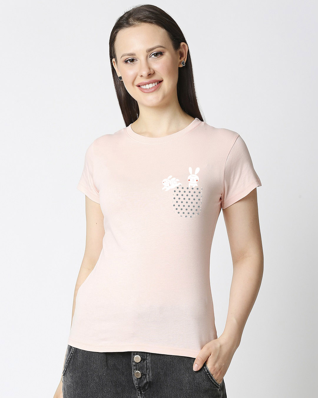 Shop Women's Pink Bunny Rabbit Pocket Printed T-shirt-Back