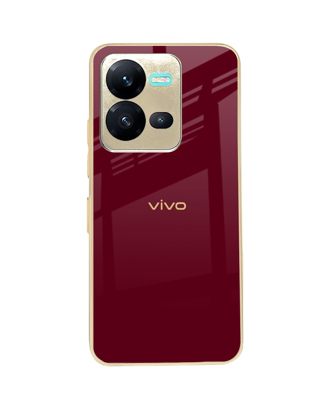 Shop Burgundy Gold Logo Metallic Gold Premium Glass Case for Vivo V25-Back