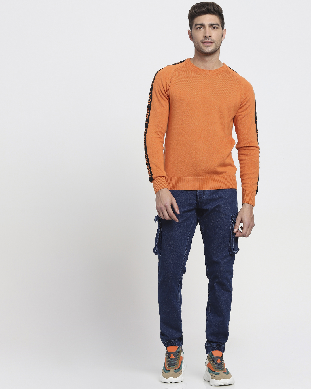 ShopBurnt Orange Shoulder Panel Flat Knit Sweater