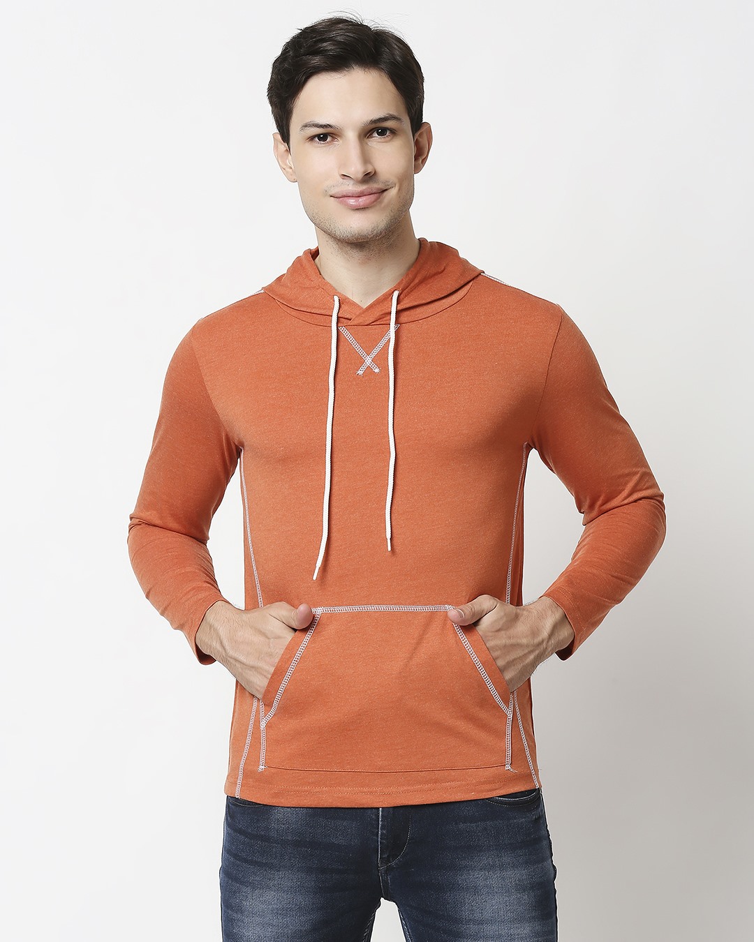 Shop Men's Burnt Orange Melange Hoodie T-shirt-Back