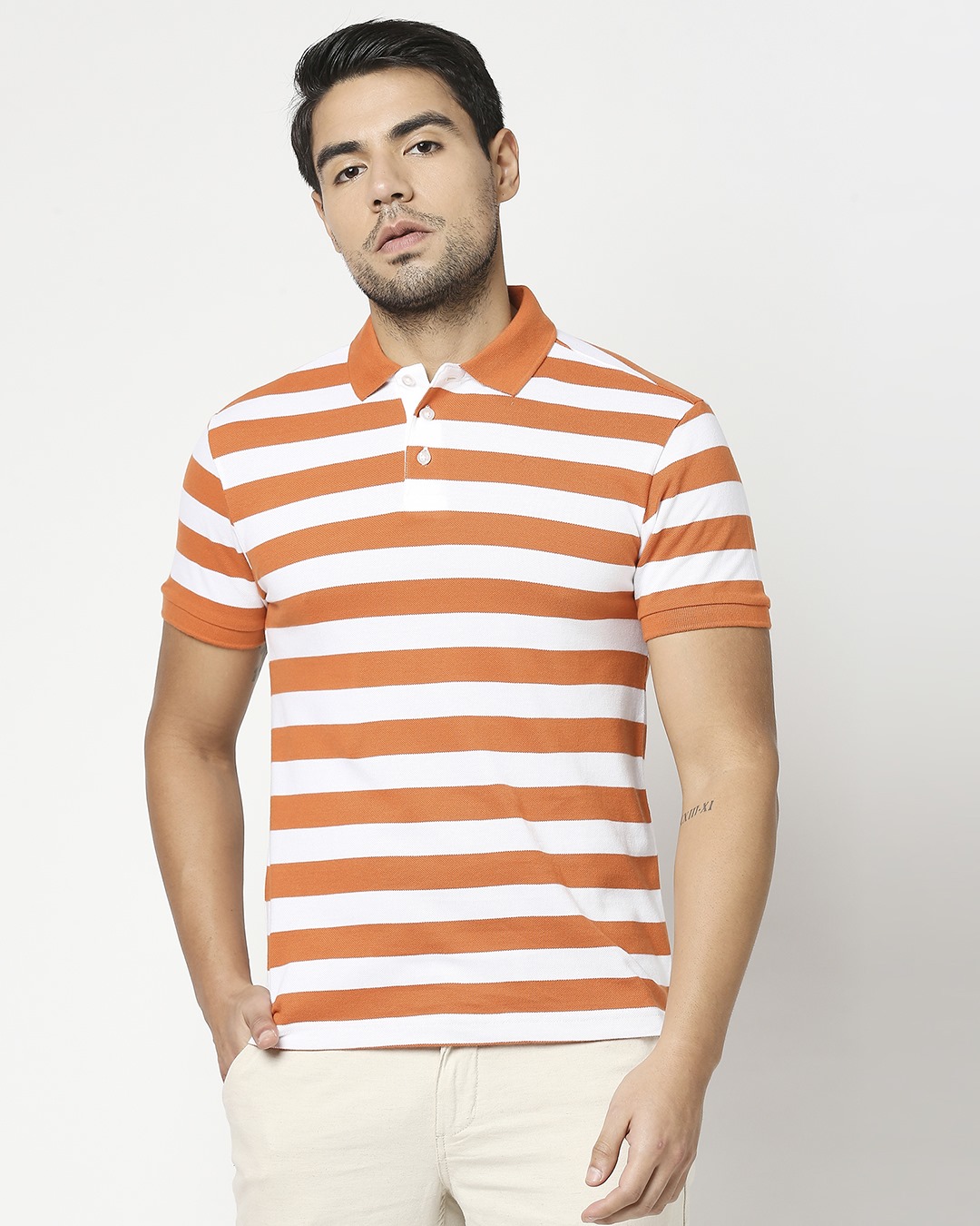 Shop Burnt Orange & White Half Sleeve Stripes Polo-Back