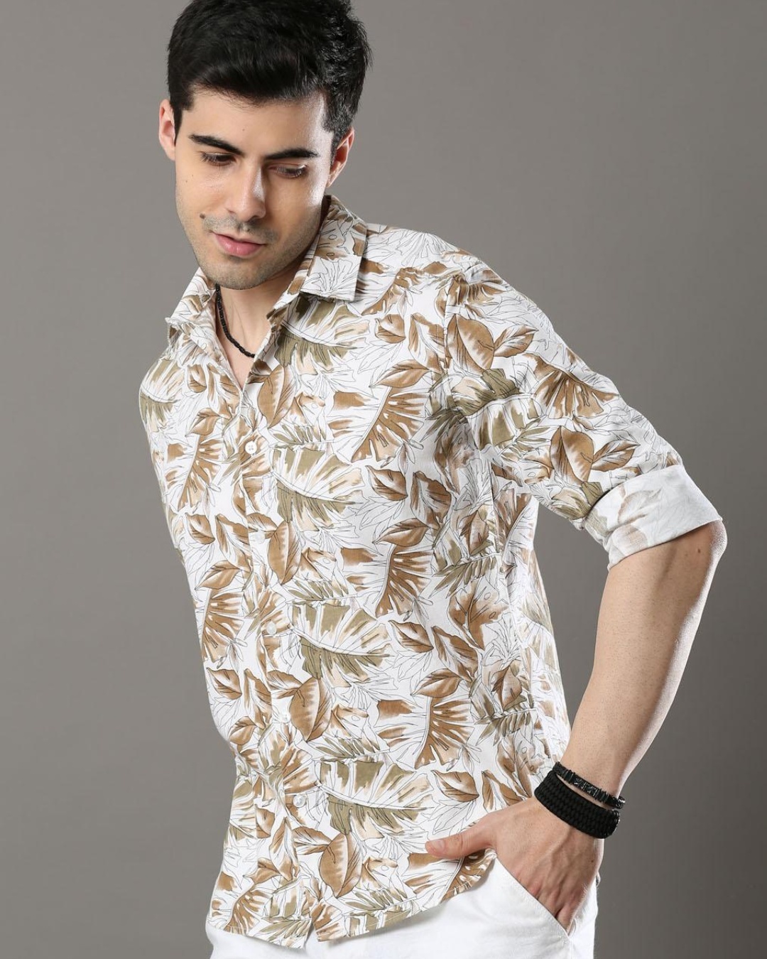 Shop Men's Brown Leaf Printed Slim Fit Shirt-Back